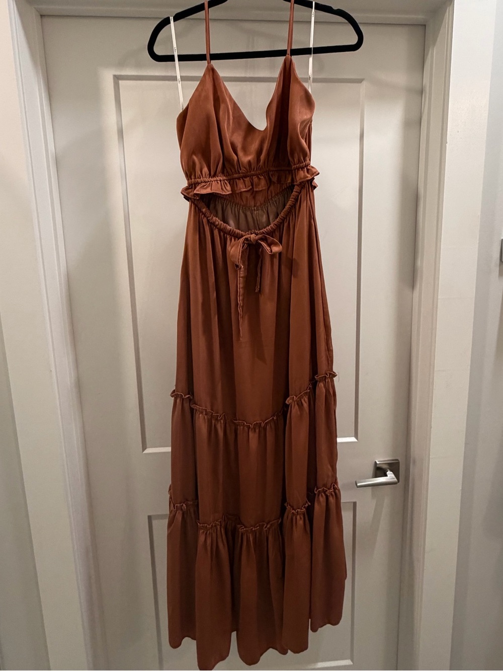 Rust Brown Tiered Maxi Dress with V-Neck and Tie Waist